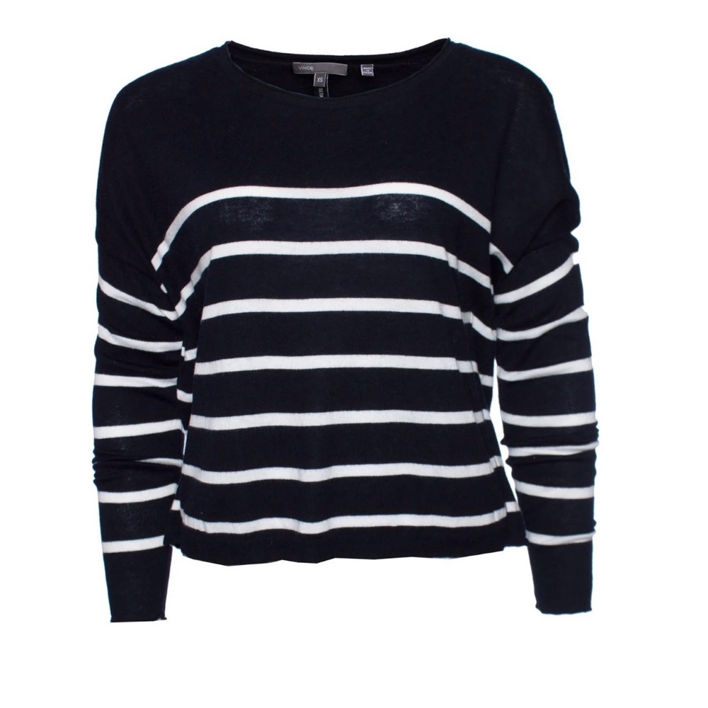 Vince Black and White Striped Crew Neck Sweater